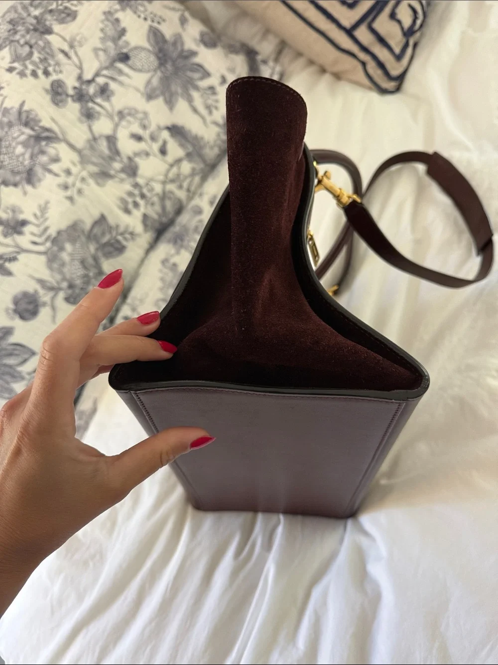 Burgundy Celine Leather and Suede Shoulder Bag with Gold Hardware